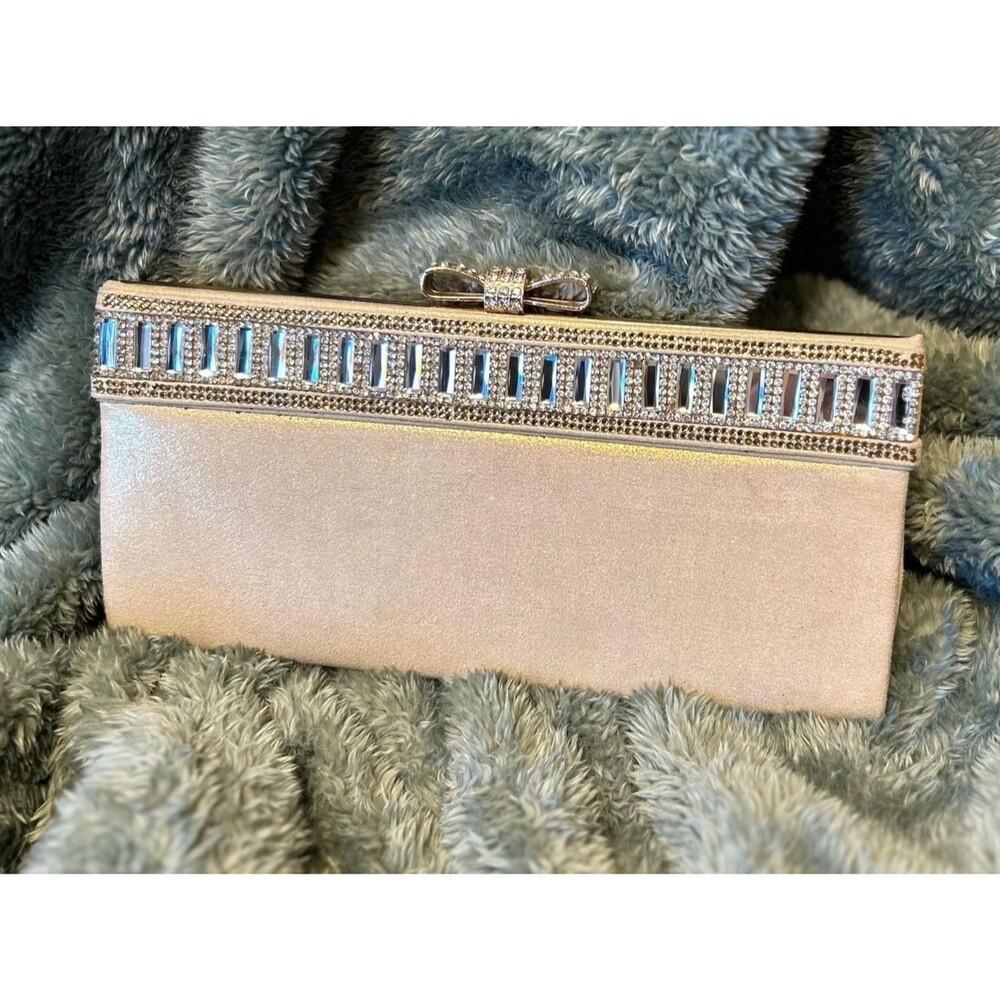 Lulu Townsend Champagne Satin Crystal Embellished Evening Clutch with Bow Clasp